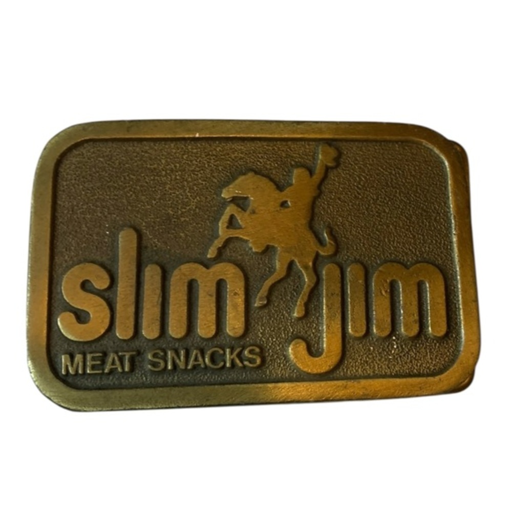 Vintage Slim Jim Meat Snacks Advertising Themed Brass Belt Buckle Hit Line USA